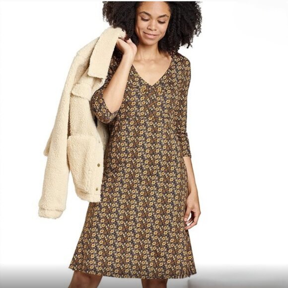 Toad & Co Rosalind Gray & Gold Floral Knit Dress Size L - Picture 2 of 7